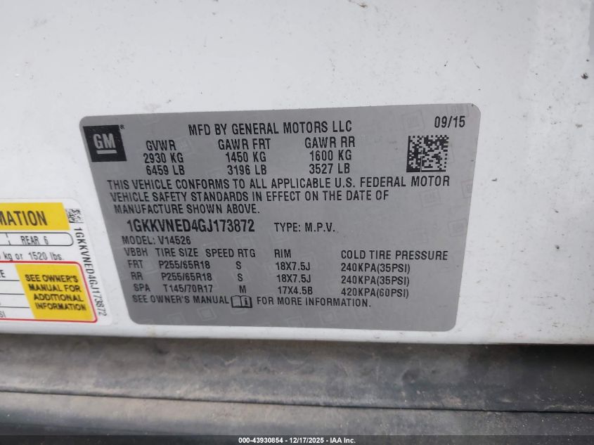 2016 GMC Acadia Sle-1 VIN: 1GKKVNED4GJ173872 Lot: 43930854