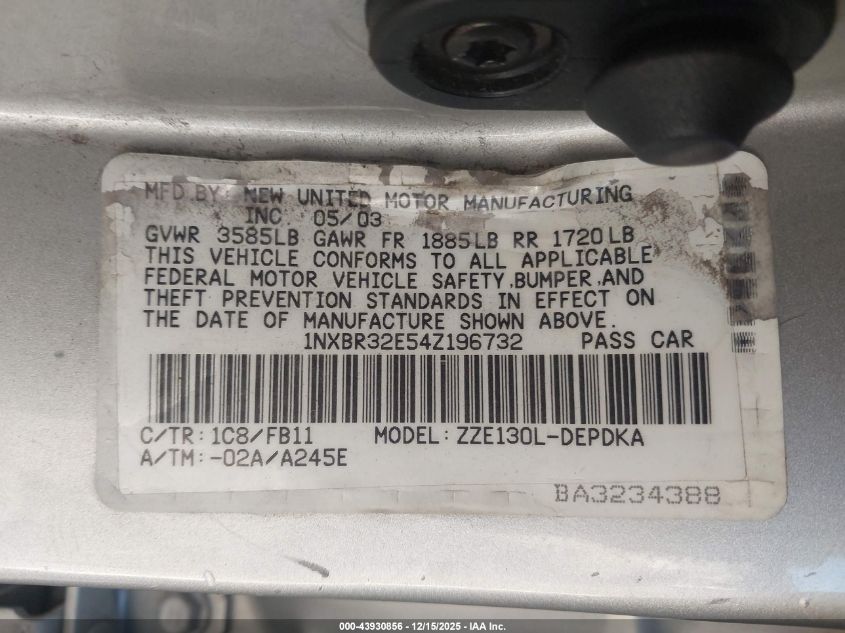 2004 Toyota Corolla Ce/Le/S VIN: 1NXBR32E54Z196732 Lot: 43930856