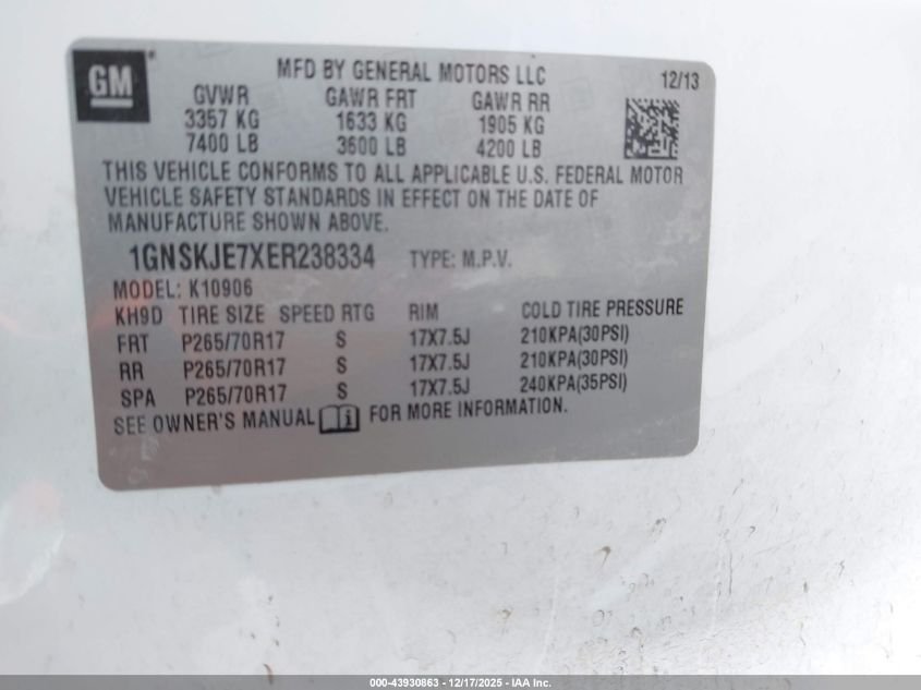 2014 Chevrolet Suburban 1500 Lt VIN: 1GNSKJE7XER238334 Lot: 43930863