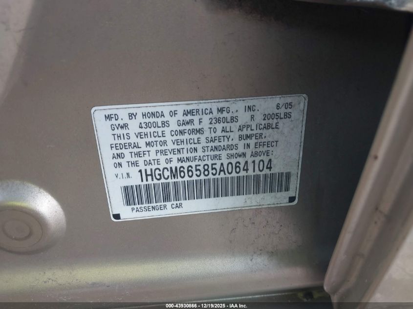 2005 Honda Accord 3.0 Ex VIN: 1HGCM66585A064104 Lot: 43930866