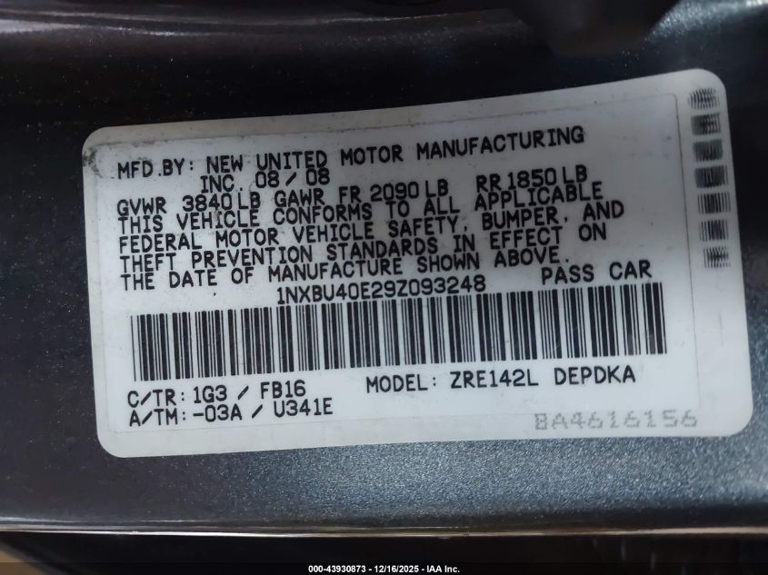 2009 Toyota Corolla Le VIN: 1NXBU40E29Z093248 Lot: 43930873