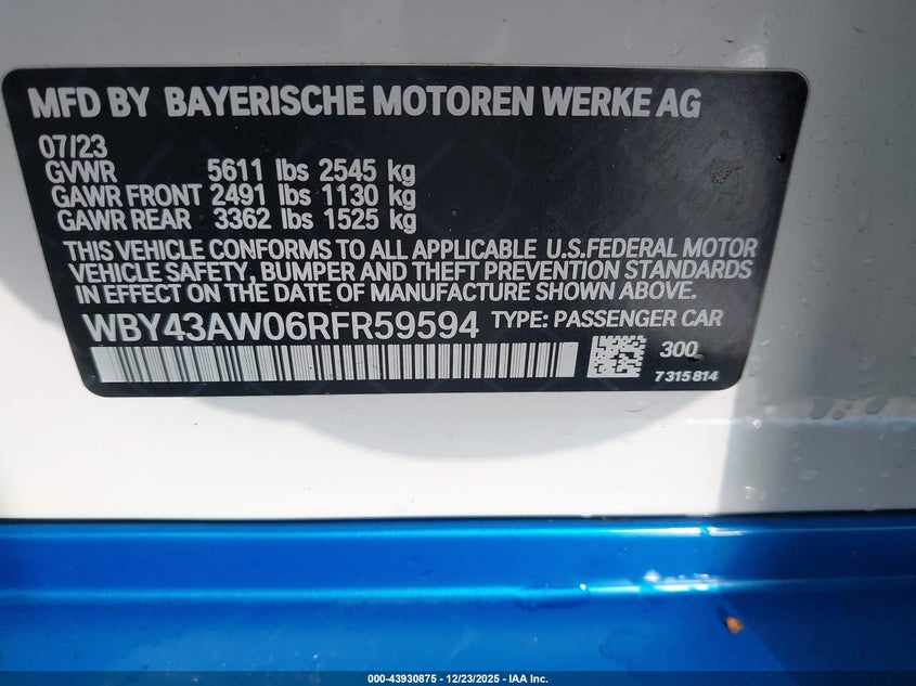 2024 BMW I4 Gran Coupe Edrive35 VIN: WBY43AW06RFR59594 Lot: 43930875