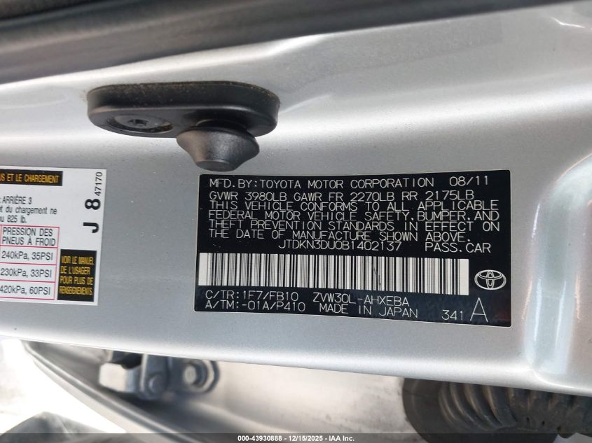 2011 Toyota Prius Two VIN: JTDKN3DU0B1402137 Lot: 43930888