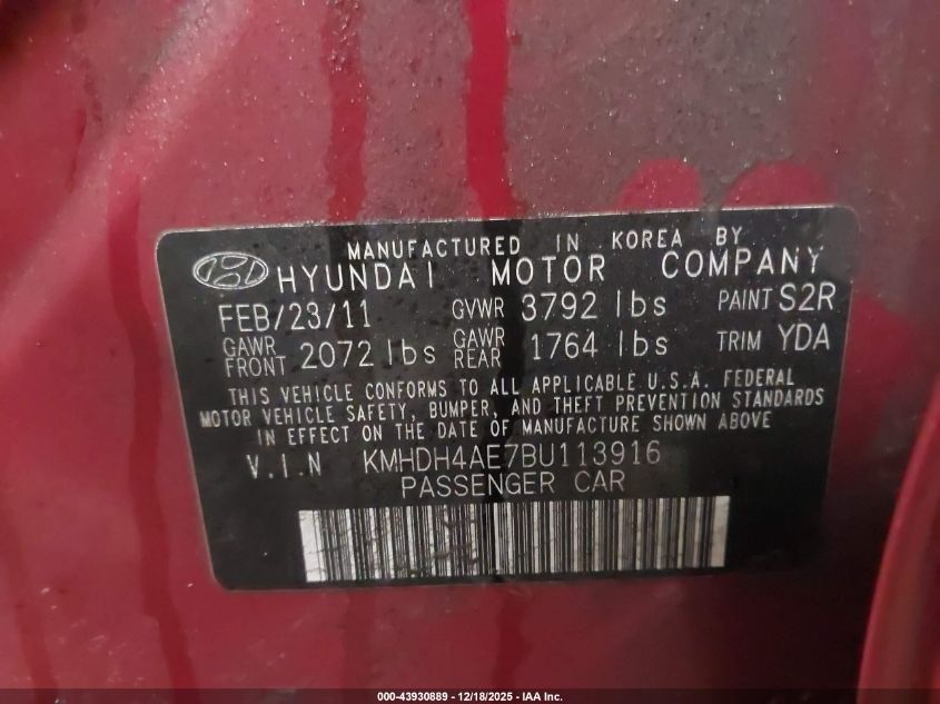 2011 Hyundai Elantra Gls (Ulsan Plant) VIN: KMHDH4AE7BU113916 Lot: 43930889