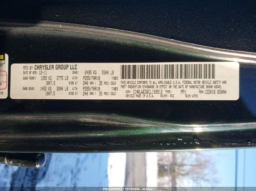 2012 Jeep Wrangler Unlimited Sahara VIN: 1C4BJWEG6CL169912 Lot: 43930892