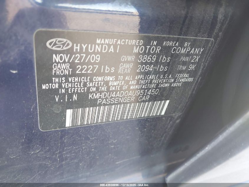 2010 Hyundai Elantra Blue/Gls/Se VIN: KMHDU4AD0AU951450 Lot: 43930896
