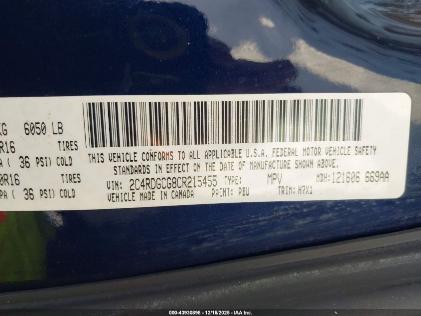 2012 Dodge Grand Caravan Sxt VIN: 2C4RDGCG8CR215455 Lot: 43930898