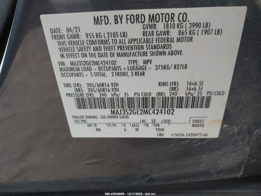 2021 Ford Ecosport Se VIN: MAJ3S2GE2MC424102 Lot: 43930899