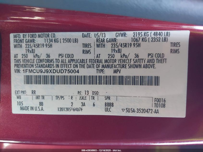 2013 Ford Escape Titanium VIN: 1FMCU9J9XDUD75004 Lot: 43930903