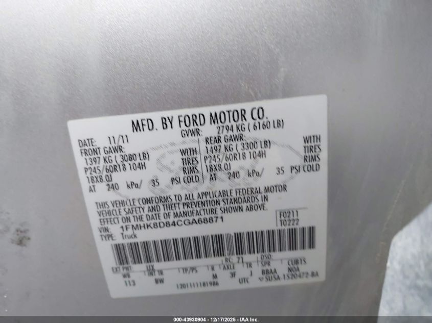 2012 Ford Explorer Xlt VIN: 1FMHK8D84CGA68871 Lot: 43930904