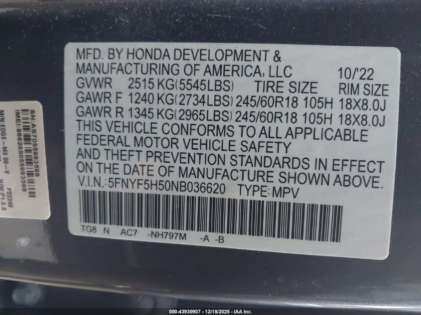 2022 Honda Pilot 2Wd Ex-L VIN: 5FNYF5H50NB036620 Lot: 43930907