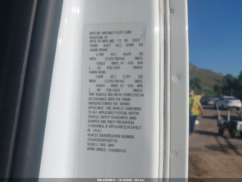 2023 Ram Promaster 2500 High Roof 159 Wb VIN: 3C6LRVDG0PE502734 Lot: 43930913