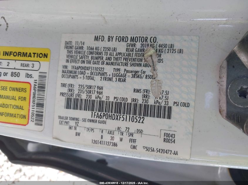 2015 Ford Fusion Se VIN: 1FA6P0HDXF5110522 Lot: 43930918