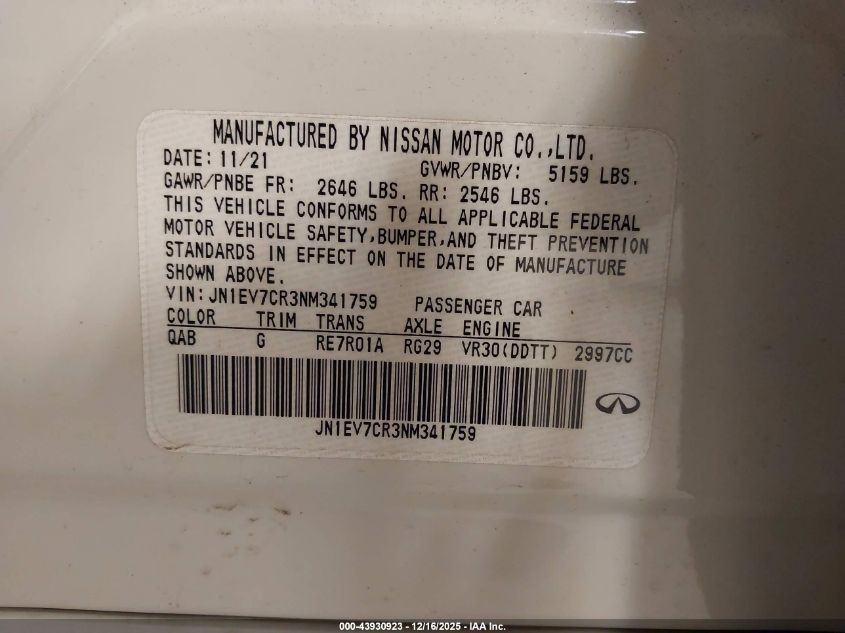 2022 Infiniti Q50 Sensory Awd VIN: JN1EV7CR3NM341759 Lot: 43930923