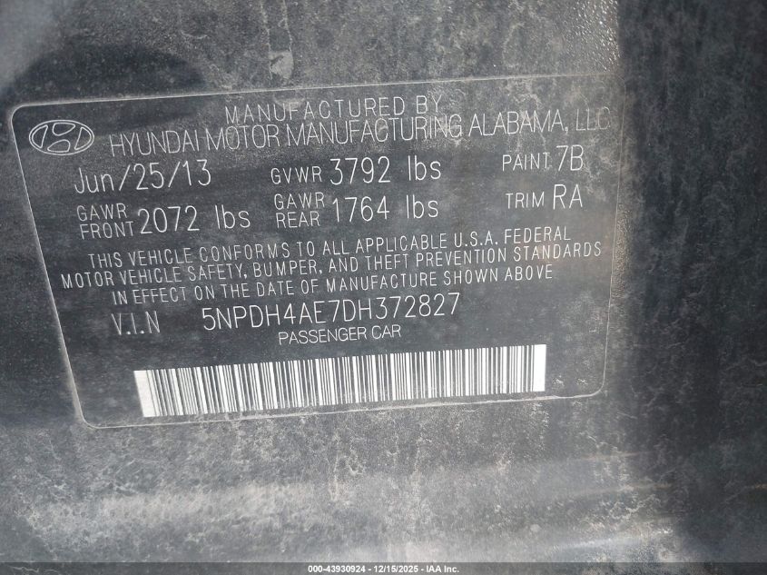 2013 Hyundai Elantra Gls VIN: 5NPDH4AE7DH372827 Lot: 43930924