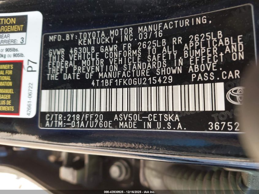 2016 Toyota Camry Se VIN: 4T1BF1FK0GU215429 Lot: 43930925