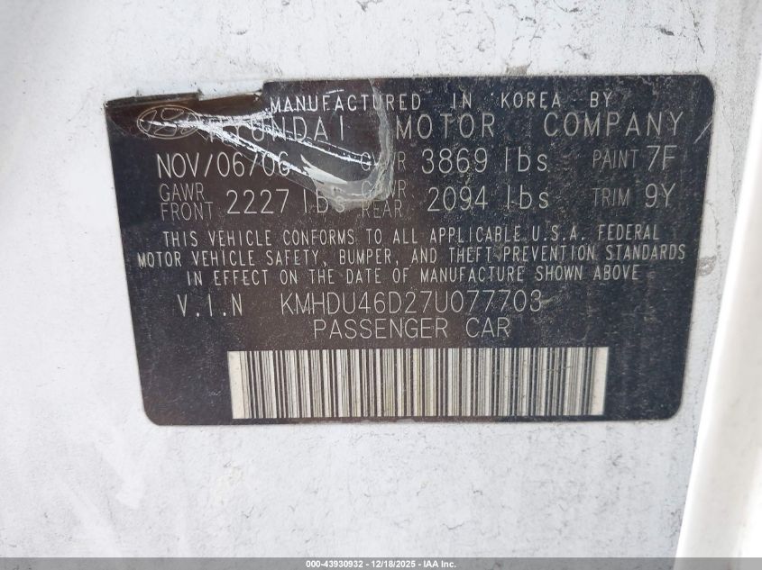 2007 Hyundai Elantra Gls/Limited/Se VIN: KMHDU46D27U077703 Lot: 43930932