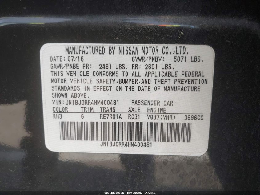 2017 Infiniti Qx50 VIN: JN1BJ0RR4HM400481 Lot: 43930936