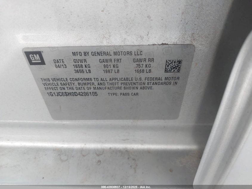 2013 Chevrolet Sonic Lt Auto VIN: 1G1JC6SH0D4206105 Lot: 43930937