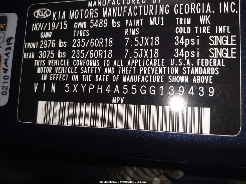 2016 Kia Sorento 3.3L Ex VIN: 5XYPH4A55GG139439 Lot: 43930942