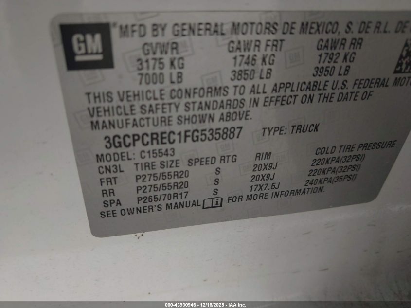 2015 Chevrolet Silverado 1500 1Lt VIN: 3GCPCREC1FG535887 Lot: 43930946