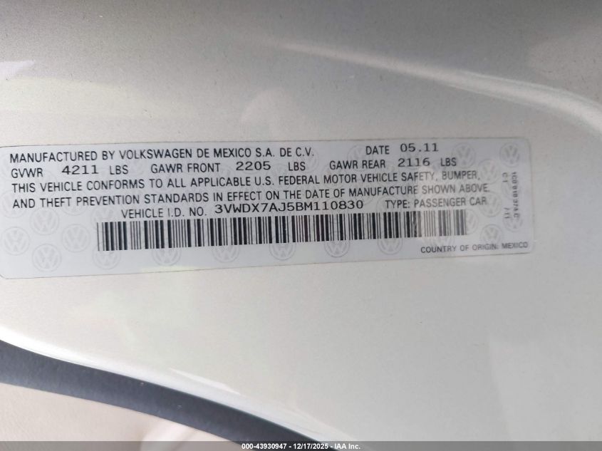 2011 Volkswagen Jetta 2.5L Se VIN: 3VWDX7AJ5BM110830 Lot: 43930947
