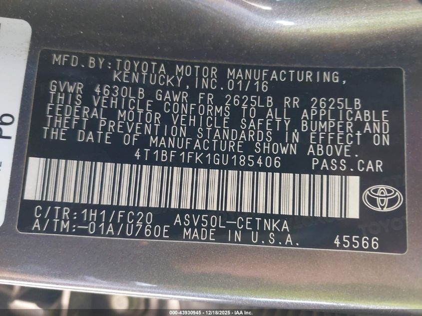 2016 Toyota Camry Le VIN: 4T1BF1FK1GU185406 Lot: 43930945