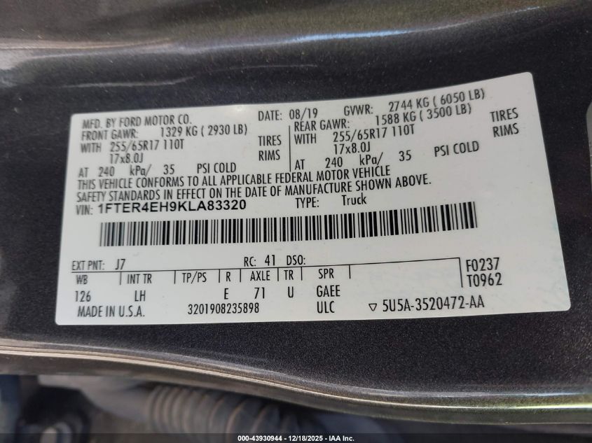 2019 Ford Ranger Xlt VIN: 1FTER4EH9KLA83320 Lot: 43930944