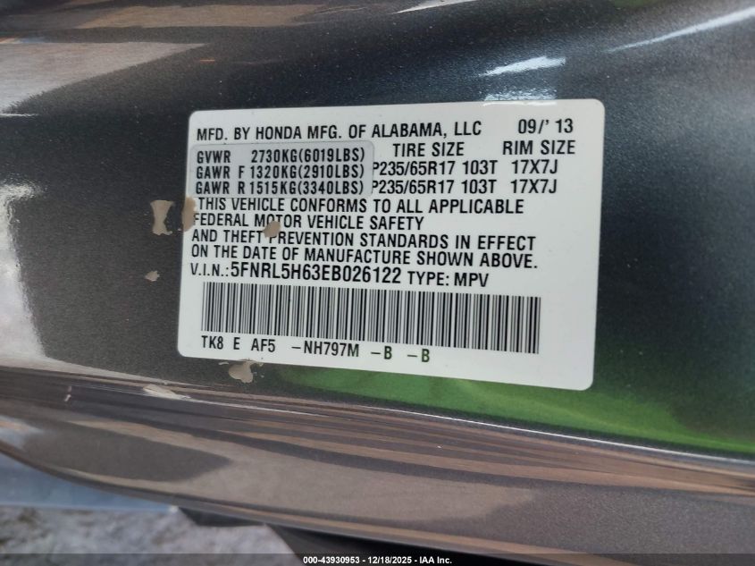 2014 Honda Odyssey Ex-L VIN: 5FNRL5H63EB026122 Lot: 43930953