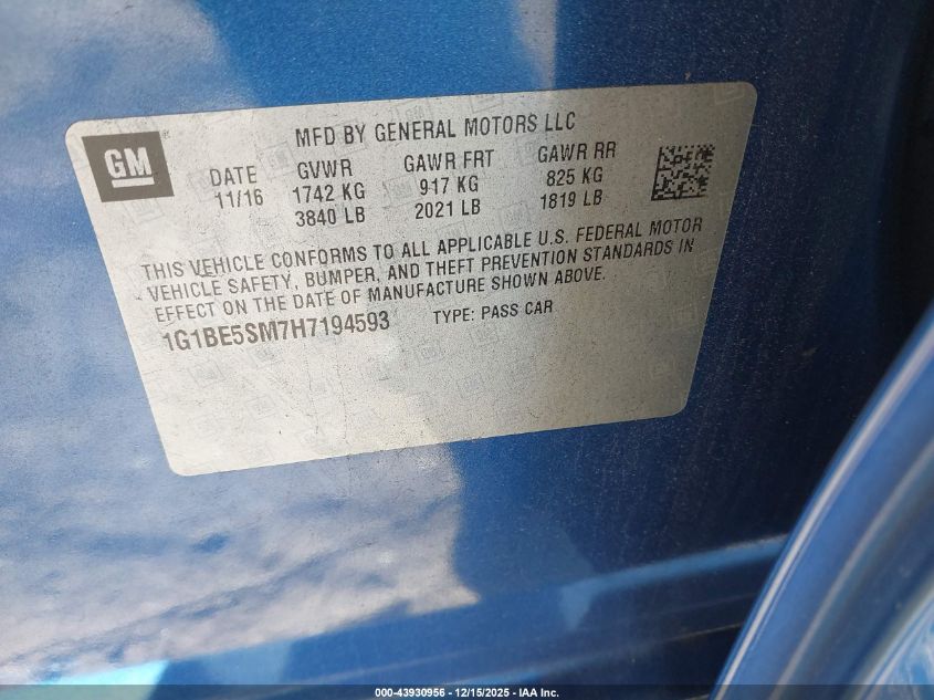 2017 Chevrolet Cruze Lt Auto VIN: 1G1BE5SM7H7194593 Lot: 43930956