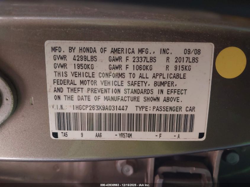 2009 Honda Accord 2.4 Lx VIN: 1HGCP263X9A031447 Lot: 43930963