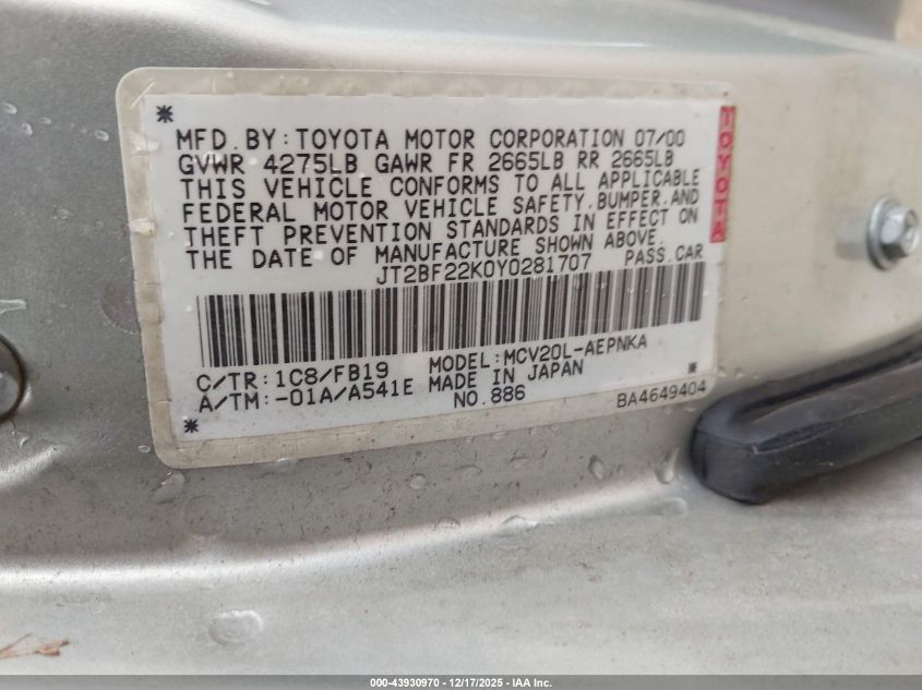 2000 Toyota Camry Le V6 VIN: JT2BF22K0Y0281707 Lot: 43930970