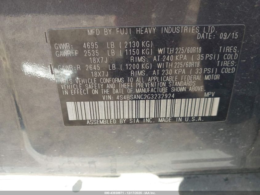 2016 Subaru Outback 2.5I Limited VIN: 4S4BSANC2G3232924 Lot: 43930971