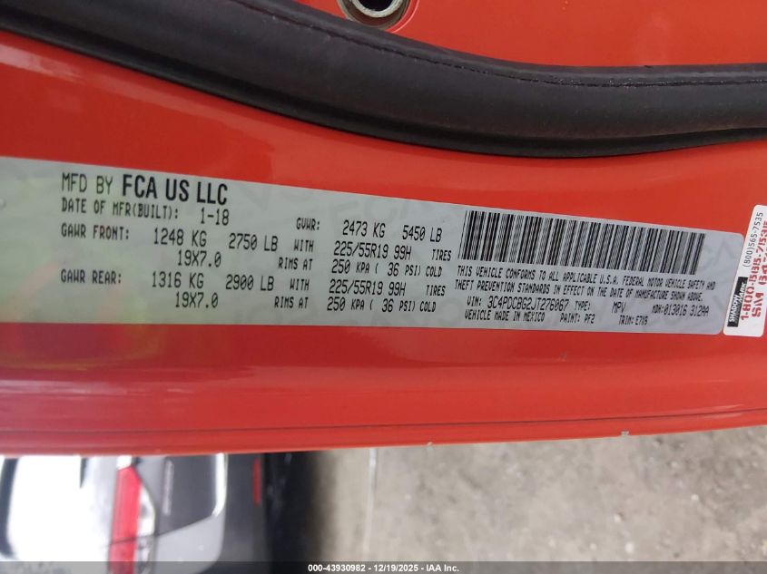 2018 Dodge Journey Sxt VIN: 3C4PDCBG2JT276067 Lot: 43930982