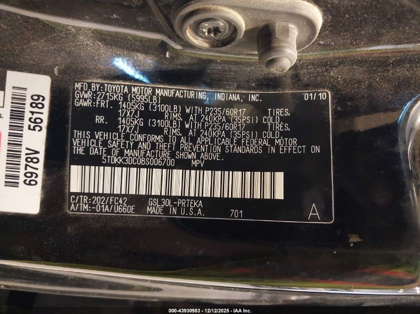 2011 Toyota Sienna Le V6 VIN: 5TDKK3DC0BS006700 Lot: 43930983