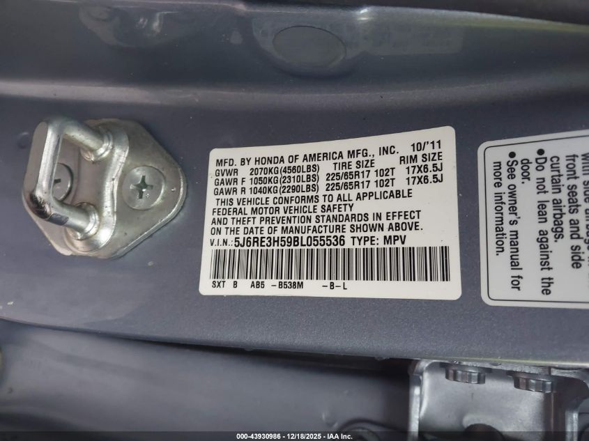 2011 Honda Cr-V Ex VIN: 5J6RE3H59BL055536 Lot: 43930986