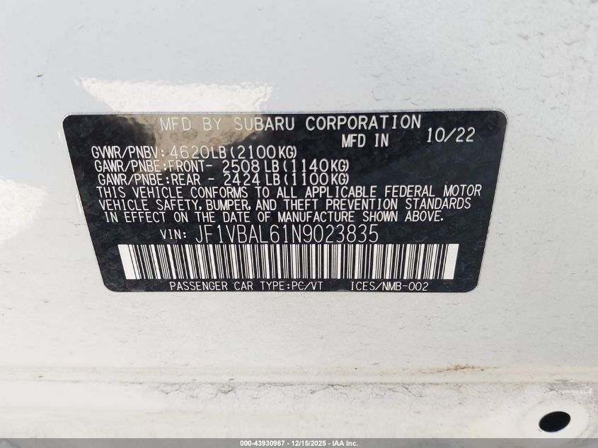 2022 Subaru Wrx Limited VIN: JF1VBAL61N9023835 Lot: 43930987