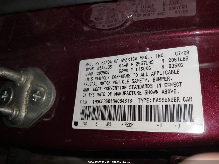 2008 Honda Accord 3.5 Ex-L VIN: 1HGCP36818A084618 Lot: 43930990