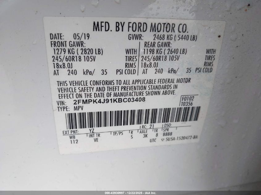 2019 Ford Edge Sel VIN: 2FMPK4J91KBC03408 Lot: 43930997