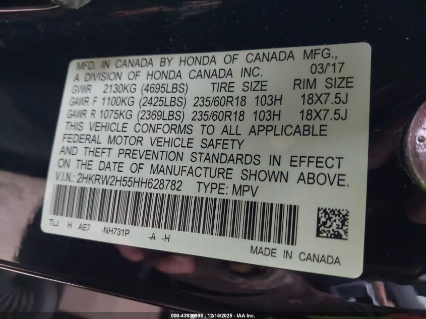 2017 Honda Cr-V Ex VIN: 2HKRW2H55HH628782 Lot: 43930999