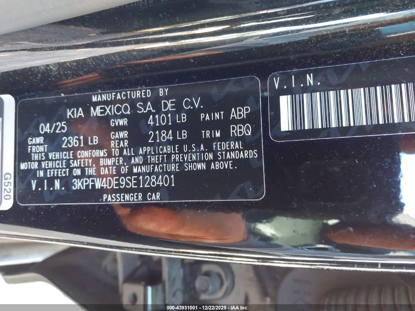 2025 Kia K4 Gt-Line VIN: 3KPFW4DE9SE128401 Lot: 43931001