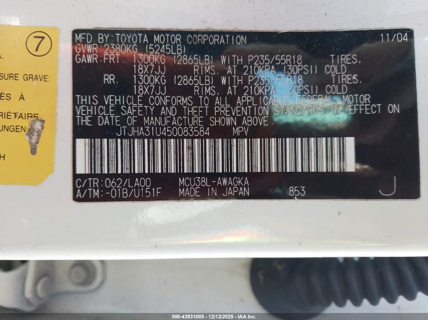 2005 Lexus Rx 330 VIN: JTJHA31U450083584 Lot: 43931005