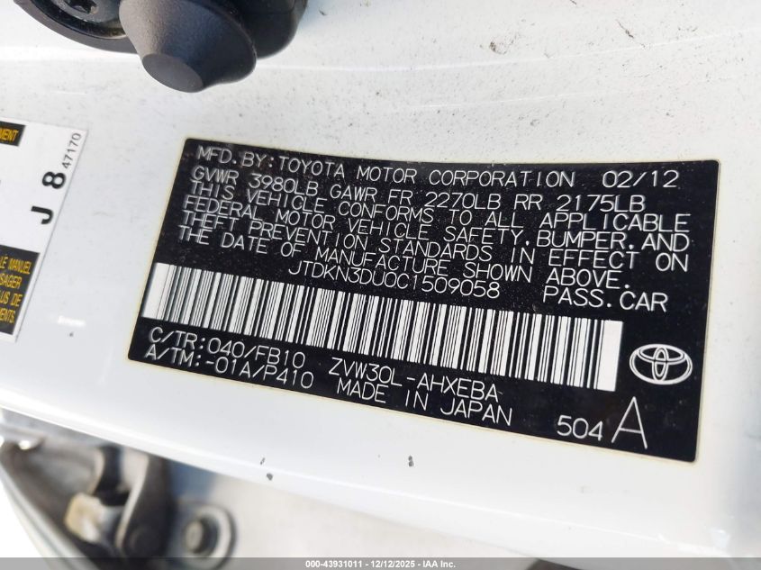 2012 Toyota Prius Five/Four/One/Three/Two VIN: JTDKN3DU0C1509058 Lot: 43931011