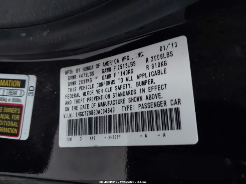 2013 Honda Accord Ex-L V-6 VIN: 1HGCT2B88DA004849 Lot: 43931012