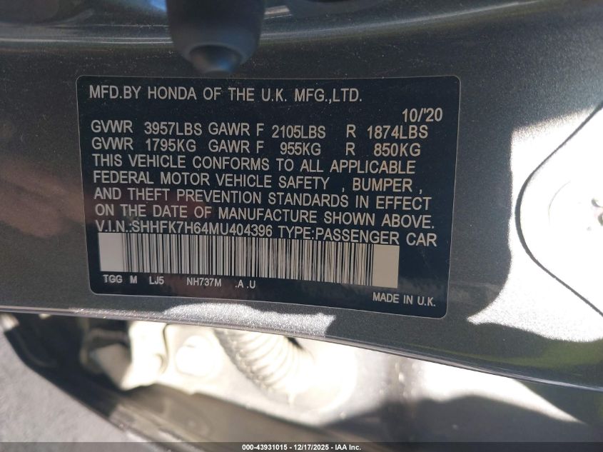 2021 Honda Civic Ex VIN: SHHFK7H64MU404396 Lot: 43931015