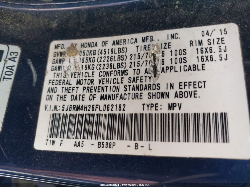 2015 Honda Cr-V Lx VIN: 5J6RM4H36FL062182 Lot: 43931024