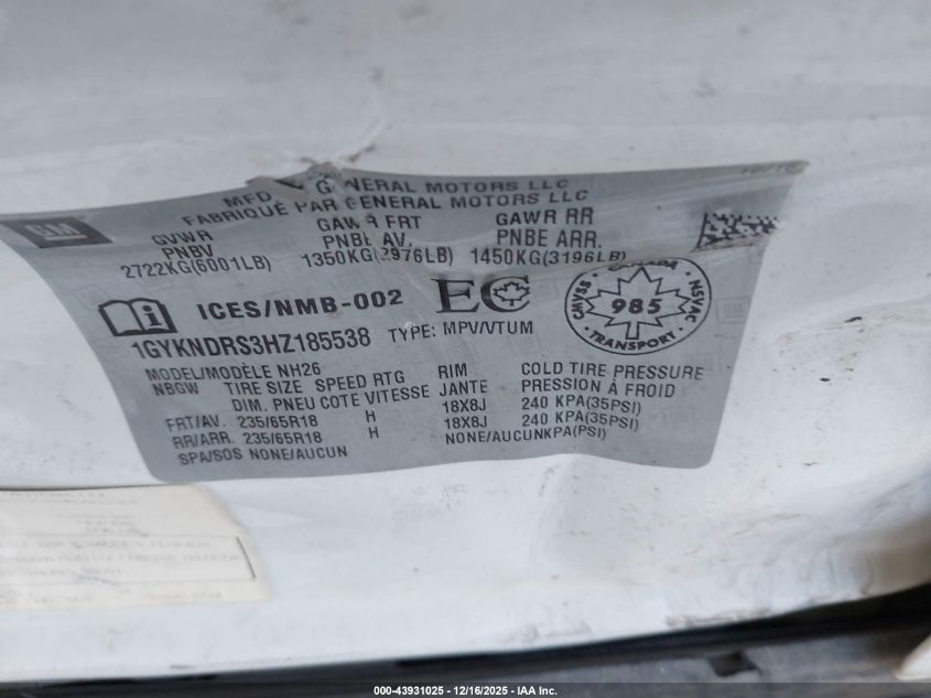 2017 Cadillac Xt5 Luxury VIN: 1GYKNDRS3HZ185538 Lot: 43931025