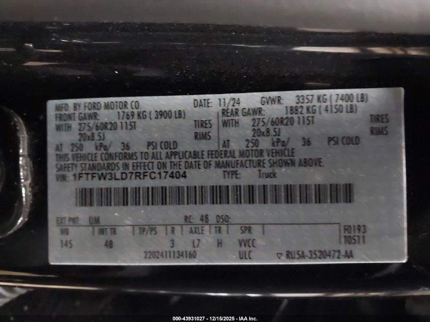 2024 Ford F-150 Xlt VIN: 1FTFW3LD7RFC17404 Lot: 43931027