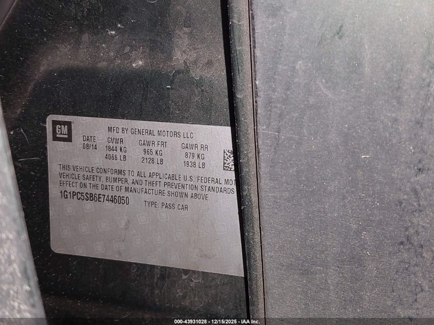 2014 Chevrolet Cruze 1Lt Auto VIN: 1G1PC5SB6E7446050 Lot: 43931028