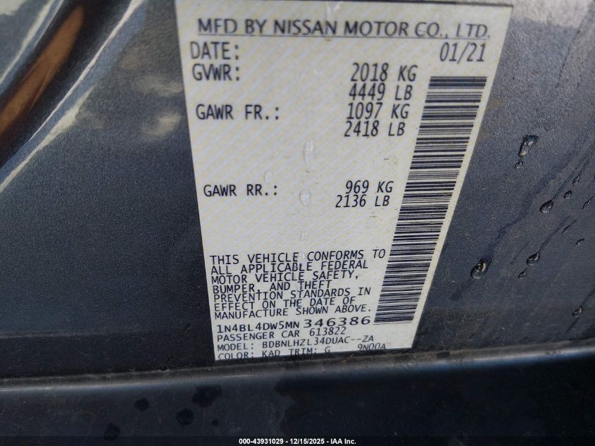 2021 Nissan Altima Sv Intelligent Awd VIN: 1N4BL4DW5MN346386 Lot: 43931029